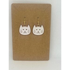 Cat Earrings White Kitty Head - Gold Plated Enamel Charms - Hypoallergenic